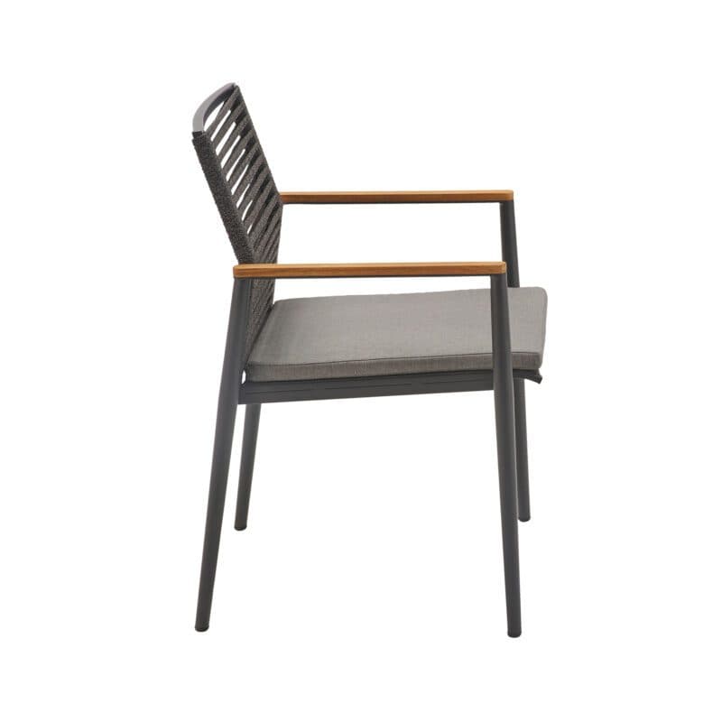 CASA DOMA "Gallico" Stapelstuhl, Alu anthrazit, Sitzfläche Textilgewebe schwarz/silber, Rückenfläche Rope anthrazit, Armlehnen Teak, inkl. Sitzkissen