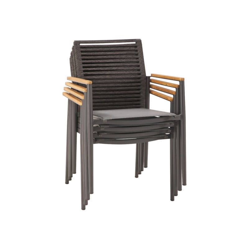 CASA DOMA "Gallico" Stapelstuhl, Alu anthrazit, Sitzfläche Textilgewebe schwarz/silber, Rückenfläche Rope anthrazit, Armlehnen Teak, inkl. Sitzkissen