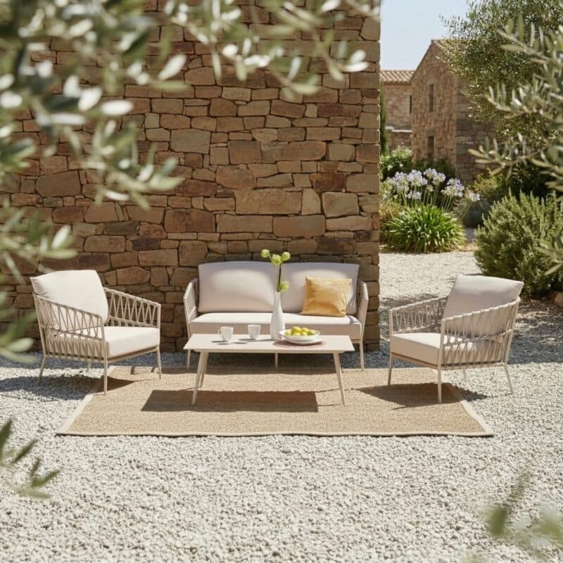 CASA DOMA "Messina" Loungeset mit "Arista" Loungetisch, Gestelle Aluminium cream, Rope fossil, Kissen beige (Bild KI-generiert)