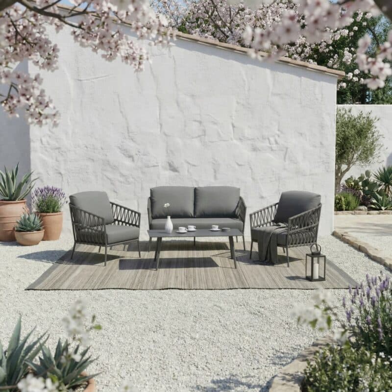 CASA DOMA "Messina" Loungeset mit "Arista" Loungetisch, Gestelle Aluminium anthrazit, Rope anthrazit, Kissen medium grey (Bild KI-generiert)