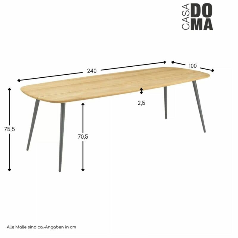 CASA DOMA "Napola" bootsförmiger Gartentisch mit Teakplatte 240x100, Maße in cm