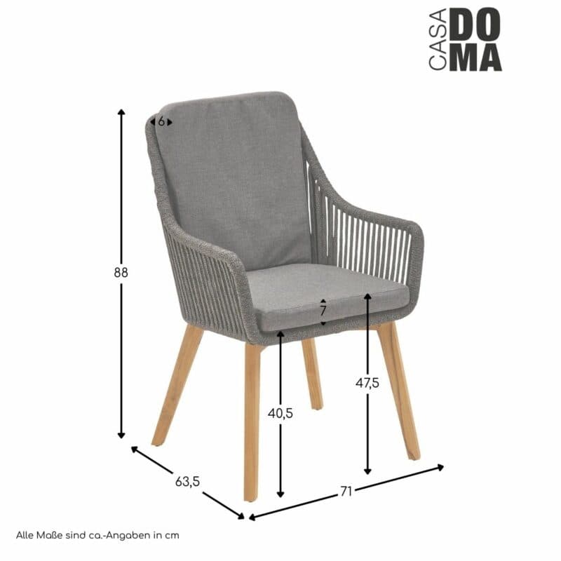 CASA DOMA "Ribera" Diningsessel L-Form, hohe Lehne, Fußgestell Teakholz, Maße in cm