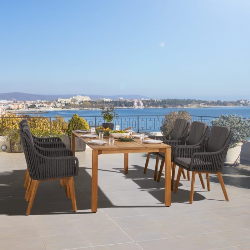 CASA DOMA Set mit "Campana" Tisch 210x100cm aus Teakholz und "Ribera" Diningsessel, hohe Rückenlehne, Rope anthrazit, Gestell Teak