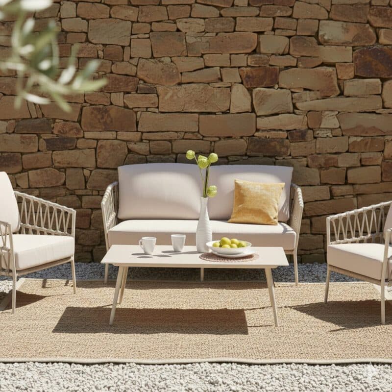 CASA DOMA "Messina" Loungeset mit "Arista" Loungetisch, Gestelle Aluminium cream, Rope fossil, Kissen beige (Bild KI-generiert)