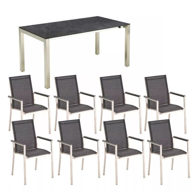 CASA DOMA Set mit Ausziehtisch "Amato" 160/210/260 x 90 cm, und Liadomo Stuhl "Motta", Gestelle Edelstahl, Armlehnen Alu, Platte HPL Scivaro Schiefer