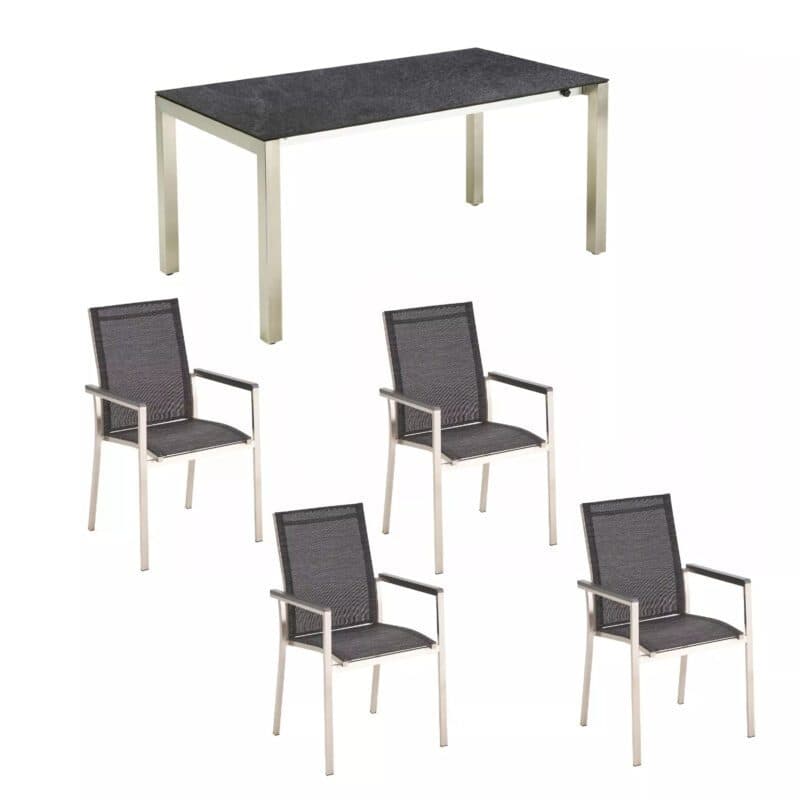 CASA DOMA "Amato" Ausziehtisch mit Liadomo "Motta" Stapelstuhl, Edelstahl gebürstet, Armlehnenauflage Alu, Tischplatte HPL Scivaro Schiefer