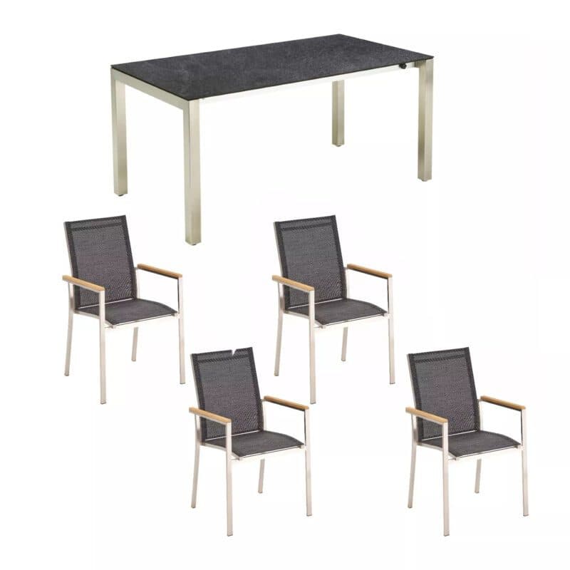 CASA DOMA "Amato" Ausziehtisch mit Liadomo "Motta" Stapelstuhl, Edelstahl gebürstet, Armlehnenauflage Teak, Tischplatte HPL Scivaro Schiefer