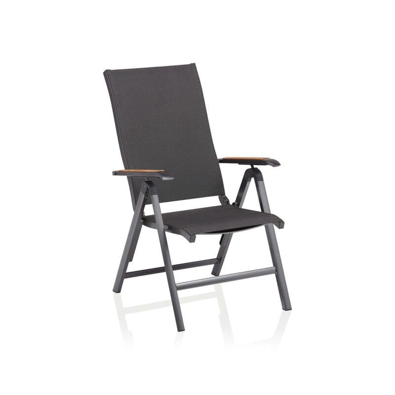 Kettler "Diamond" Klappsessel, Gestell Aluminium anthrazit, Sitzfläche Textilen charcoal, Armlehne mit Teak-Auflage