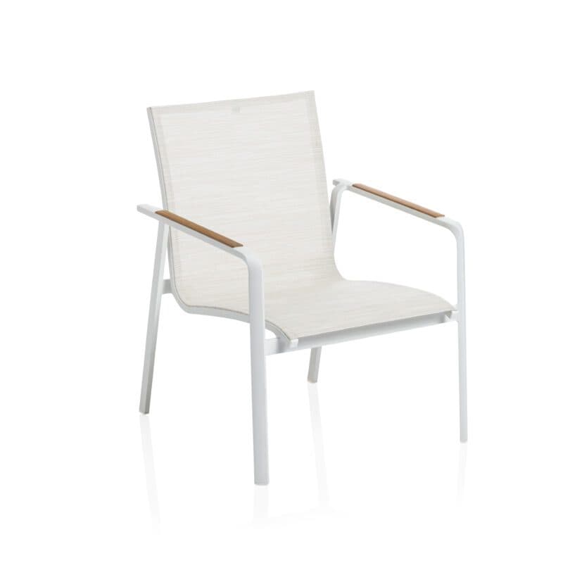 Kettler “Diamond“ Loungesessel, Gestell Aluminium weiß matt, Sitzfläche Textilgewebe beige, Armlehnen Teak