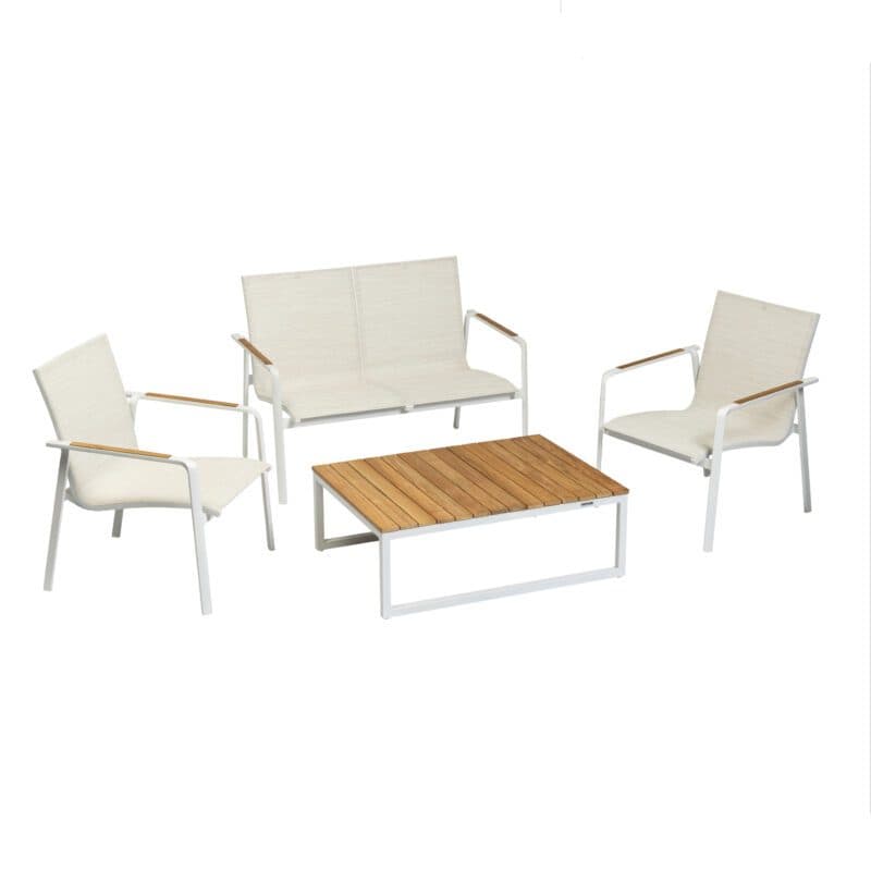 Kettler "Diamond" Loungeset mit "Ocean Skid Platform" Loungetisch, Gestelle Aluminium weiß matt, Sitz Textilgewebe beige, Armlehnen & Tischplatte Teak