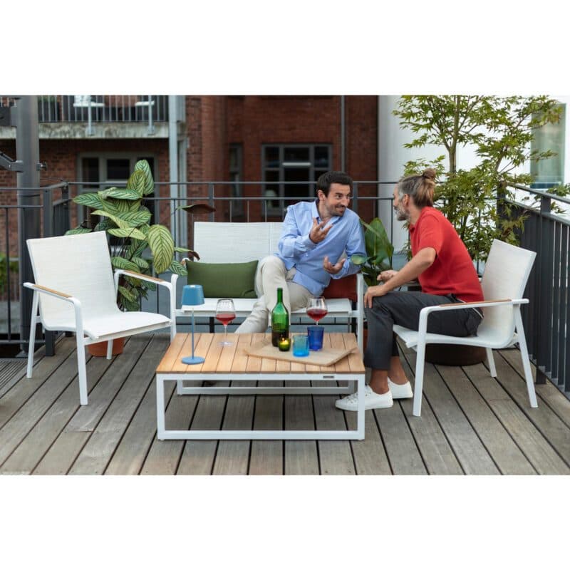 Kettler "Diamond" Loungeset mit "Ocean Skid Platform" Loungetisch, Gestelle Aluminium weiß matt, Sitz Textilgewebe beige, Armlehnen & Tischplatte Teak