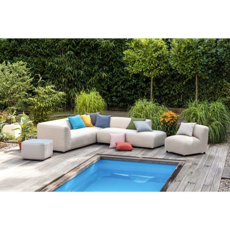 Kettler “Osea/Ego“ Loungeset 4-teilig mit Ecklounge 2-teilig, Mittelteil/Sessel, Gestell Aluminium, Textilgewebe Sunbrella® beige, “Ego“ Hocker Sunbrella® natte linen