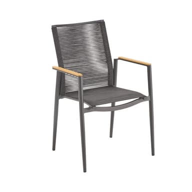 Liadomo "Mannoli" Stapelstuhl, Gestell Aluminium anthrazit, Sitzfläche Textilgewebe anthrazit, Rückenlehne Rope anthrazit, Armlehne Teak