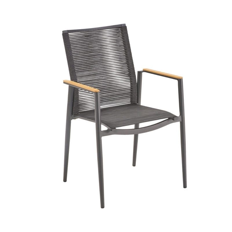 Liadomo "Mannoli" Stapelstuhl, Gestell Aluminium anthrazit, Sitzfläche Textilgewebe anthrazit, Rückenlehne Rope anthrazit, Armlehne Teak