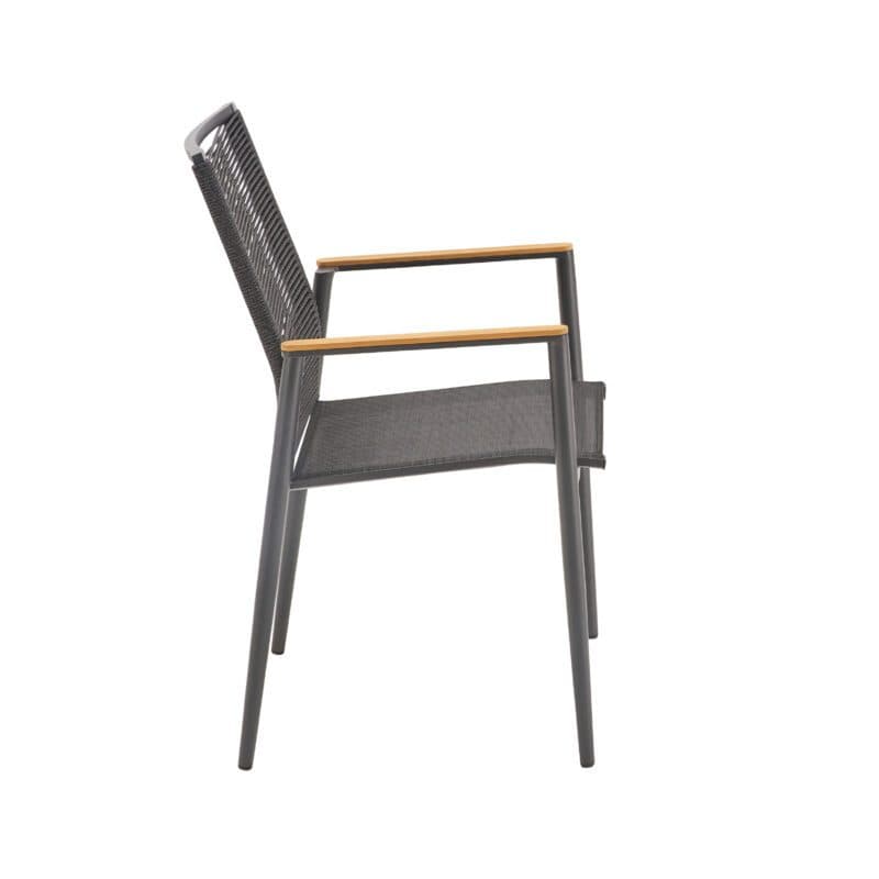 Liadomo "Mannoli" Stapelstuhl, Gestell Aluminium anthrazit, Sitzfläche Textilgewebe anthrazit, Rückenlehne Rope anthrazit, Armlehne Teak