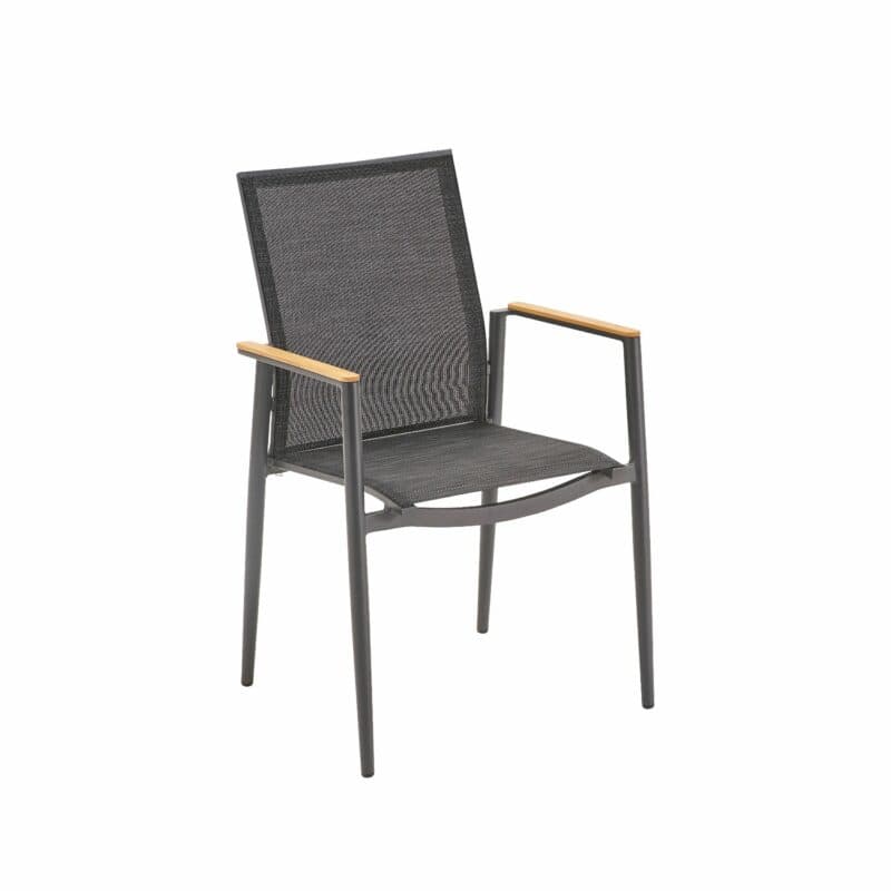 Liadomo "Mannoli" Stapelstuhl, Alu anthrazit, Textilgewebe anthrazit, Armlehne Teak