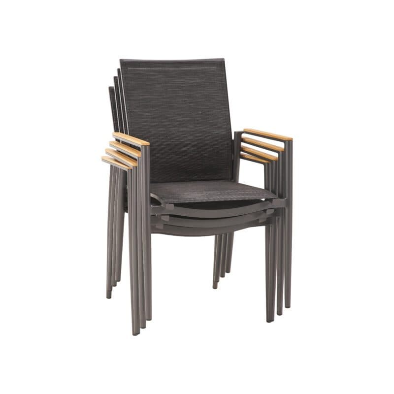 Liadomo "Mannoli" Stapelstuhl, Alu anthrazit, Textilgewebe anthrazit, Armlehne Teak