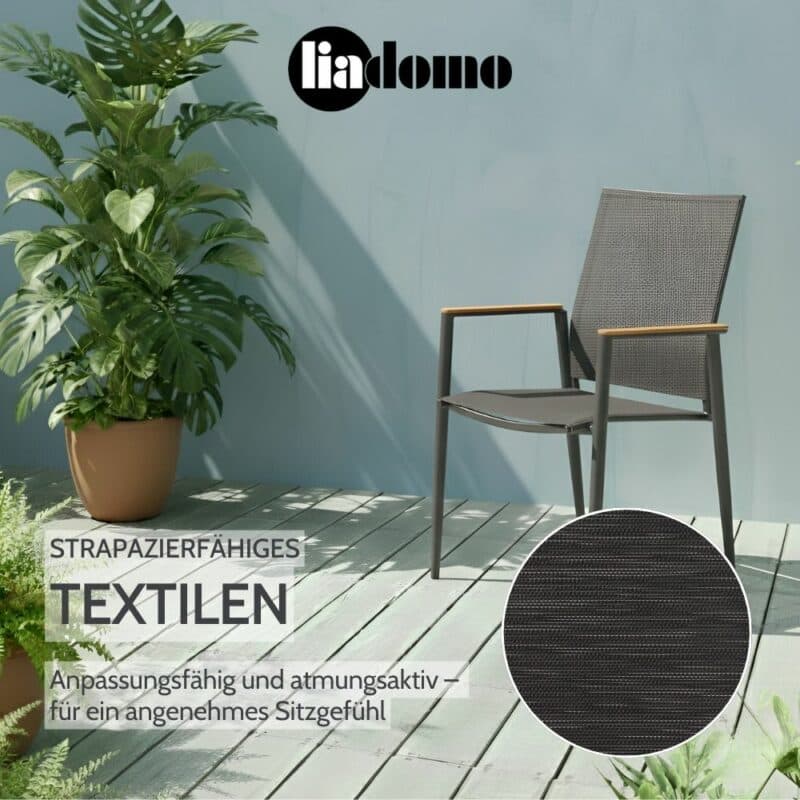 Liadomo "Mannoli" Stapelstuhl, Aluminium anthrazit, Textilgewebe anthrazit, Armlehne Teak (Bild KI-generiert)