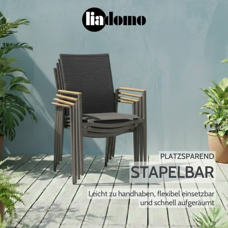 Liadomo "Mannoli" Stapelstuhl, Aluminium anthrazit, Textilgewebe anthrazit, Armlehne Teak (Bild KI-generiert)