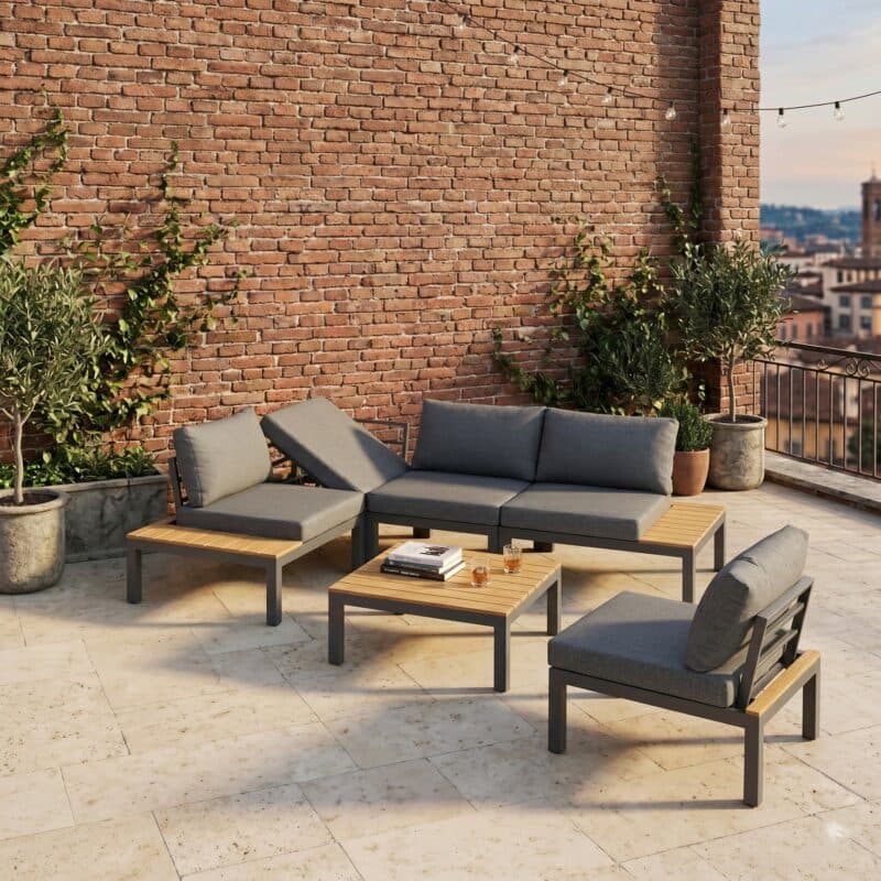 Liadomo "San Carlo" Loungeset, Alu anthrazit, Ablagen Teak, Bezüge Olefin grau (Bild KI-generiert)