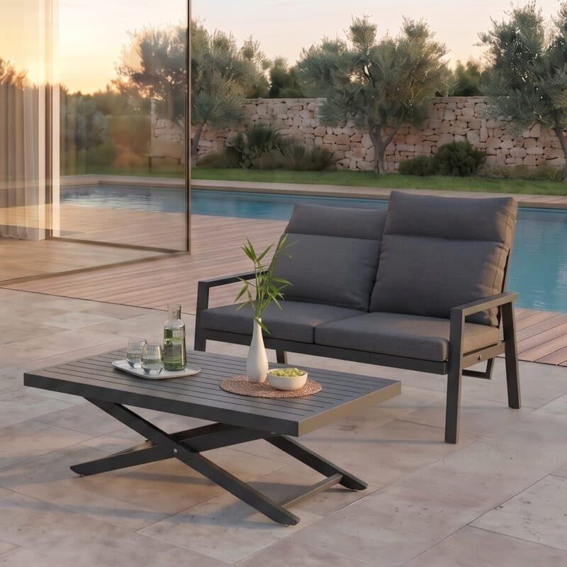 Liadomo "Scapoli" Loungesofa mit -tisch, Aluminium anthrazit, Bezüge Olefin grau (Bild KI-generiert)