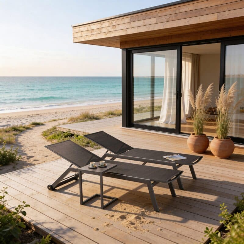 Liadomo Sonnenliegen-Set "Scaro" mit "Lido" Beistelltisch, Aluminium anthrazit, Textilgewebe anthrazit (Bild KI-generiert)