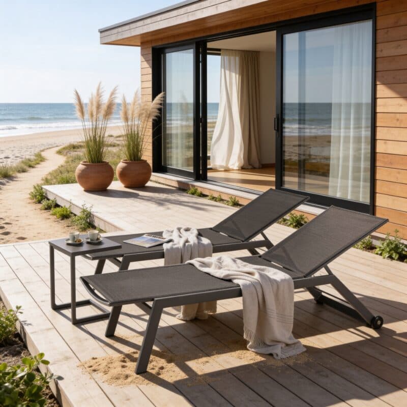 Liadomo Sonnenliegen-Set "Scaro" mit "Lido" Beistelltisch, Aluminium anthrazit, Textilgewebe anthrazit (Bild KI-generiert)