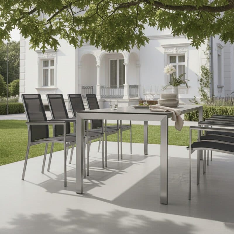 CASA DOMA Set mit Ausziehtisch "Amato" 160/210/260 x 90 cm, und Liadomo Stuhl "Motta", Gestelle Edelstahl, Sitz Textil anthrazit, Platte HPL (Bild KI-generiert)