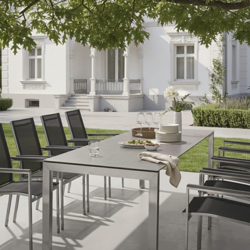 CASA DOMA Set mit Ausziehtisch "Amato" 160/210/260 x 90 cm, und Liadomo Stuhl "Motta", Gestelle Edelstahl, Sitz Textil anthrazit, Platte HPL (Bild KI-generiert)