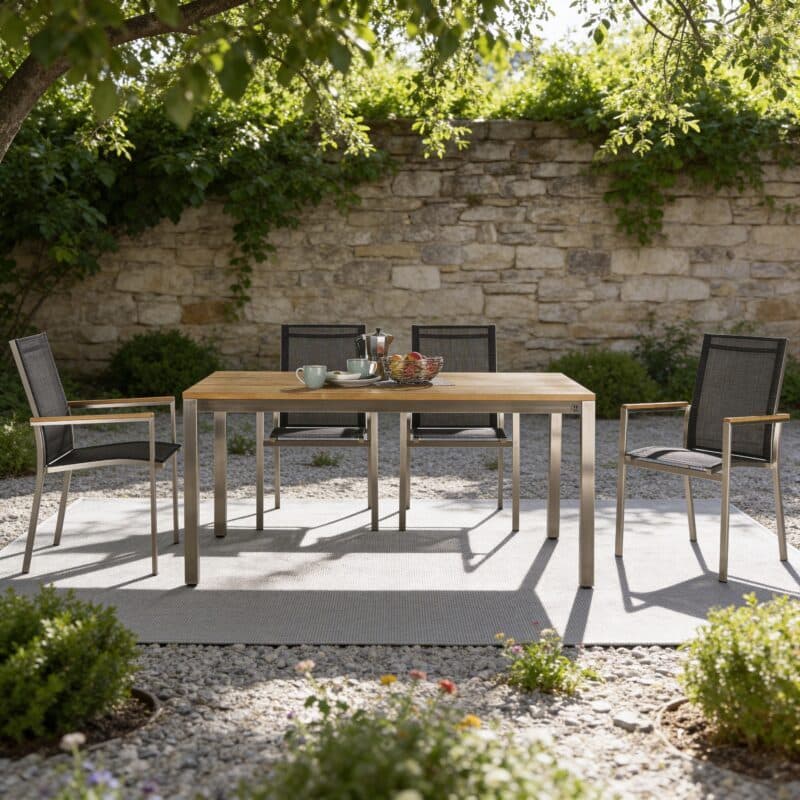 Gartenmöbel-Set mit Liadomo "Motta" Gartenstuhl und CASA DOMA "Varano" Tisch 160x90 cm, Gestelle Edelstahl gebürstet, Textilgewebe anthrazit, Tischplatte Teak (Bild KI-generiert)