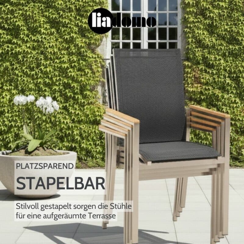 Liadomo "Motta" Stapelsessel, Edelstahl mit Teak-Armlehnen (Bild KI-generiert)