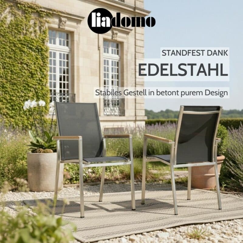 Liadomo "Motta" Stapelsessel, Edelstahl mit Teak-Armlehnen (Bild KI-generiert)