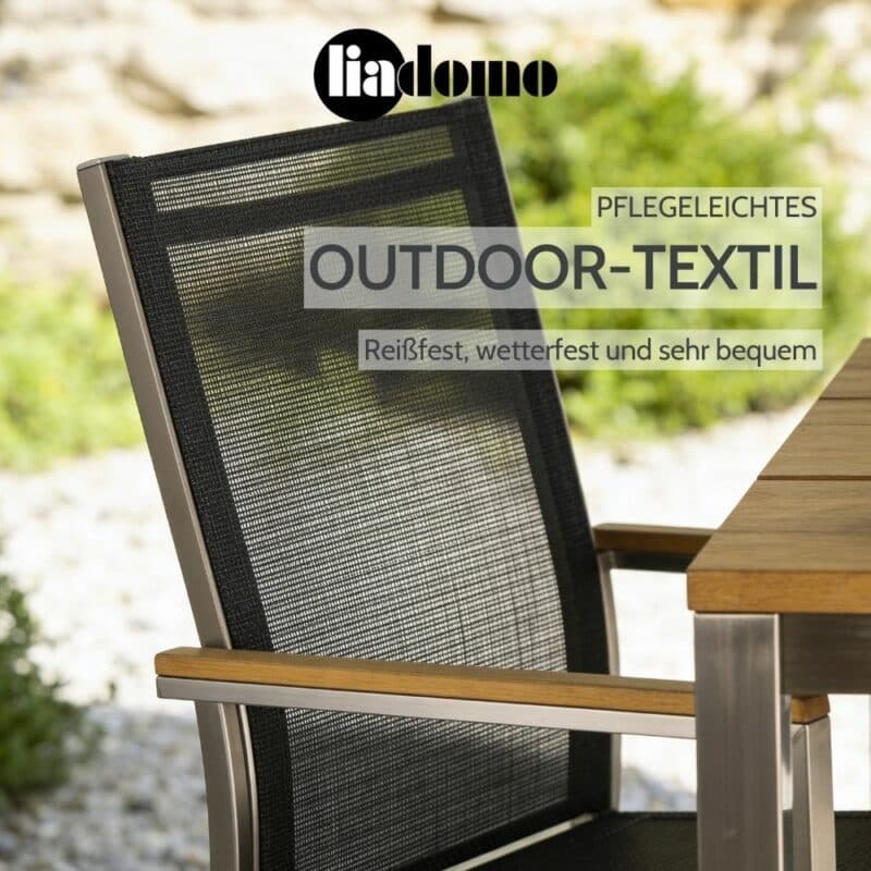 Liadomo "Motta" Stapelsessel, Edelstahl mit Teak-Armlehnen (Bild KI-generiert)