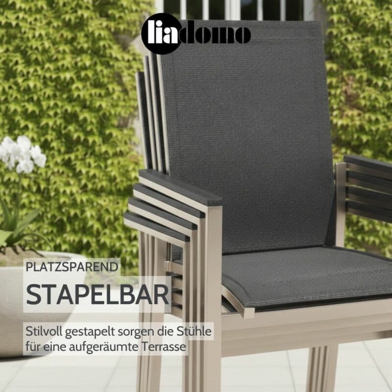 Liadomo "Motta" Stapelsessel, Edelstahl mit Aluminium-Armlehnen (Bild KI-generiert)