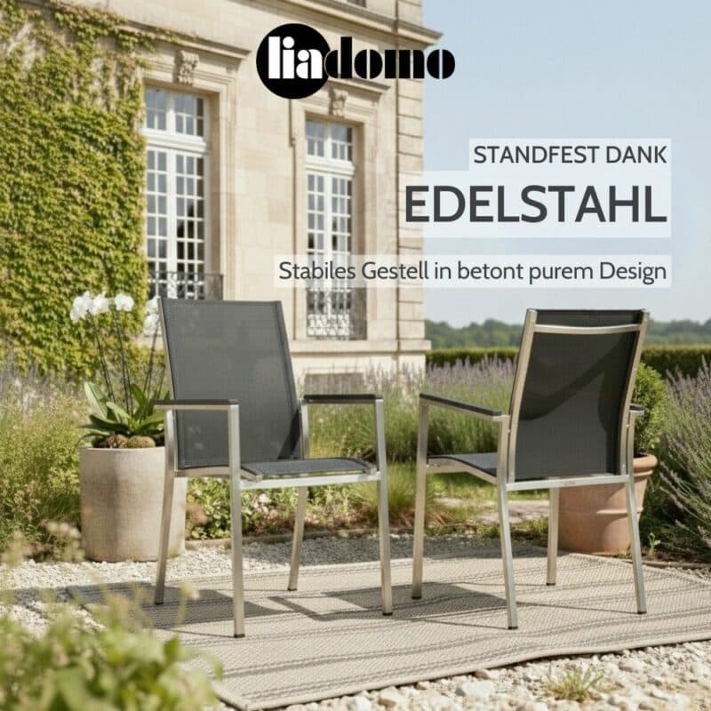 Liadomo "Motta" Stapelsessel, Edelstahl mit Aluminium-Armlehnen (Bild KI-generiert)