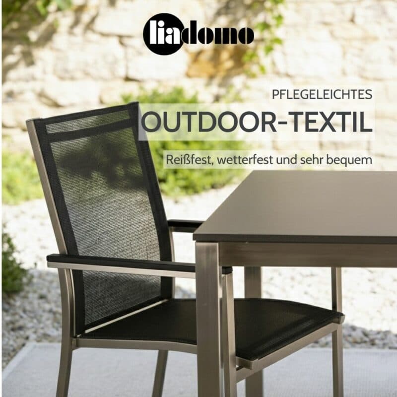 Liadomo "Motta" Stapelsessel, Edelstahl mit Aluminium-Armlehnen (Bild KI-generiert)