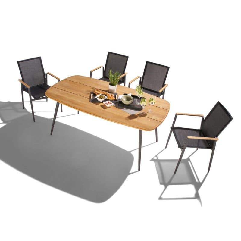 CASA DOMA "Napola" Gartentisch 180x100 cm, Alu anthrazit, Tischplatte Teak und Liadomo "Mannoli" Stapelstuhl, Alu anthrazit, Textilgewebe anthrazit, Armlehne Teak