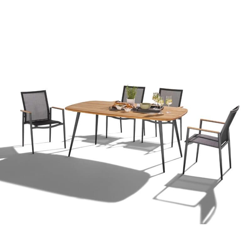 CASA DOMA "Napola" Gartentisch 180x100 cm, Alu anthrazit, Tischplatte Teak und Liadomo "Mannoli" Stapelstuhl, Alu anthrazit, Textilgewebe anthrazit, Armlehne Teak