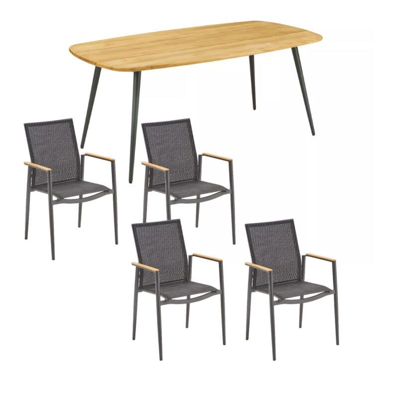 CASA DOMA "Napola" Gartentisch 180x100 cm, Alu anthrazit, Tischplatte Teak und Liadomo "Mannoli" Stapelstuhl, Alu anthrazit, Textilgewebe anthrazit, Armlehne Teak