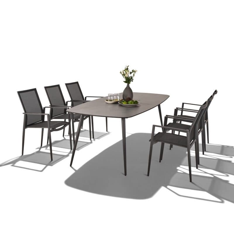 CASA DOMA "Napola" Gartentisch 240x100 cm, Alu anthrazit, Tischplatte HPL chromix anthrazit und Liadomo "Mannoli" Stapelstuhl, Alu anthrazit, Textilgewebe anthrazit, Armlehne Alu