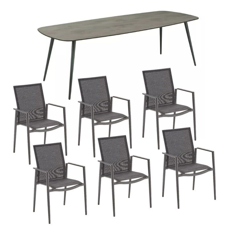 CASA DOMA "Napola" Gartentisch 240x100 cm, Alu anthrazit, Tischplatte HPL chromix anthrazit und Liadomo "Mannoli" Stapelstuhl, Alu anthrazit, Textilgewebe anthrazit, Armlehne Alu
