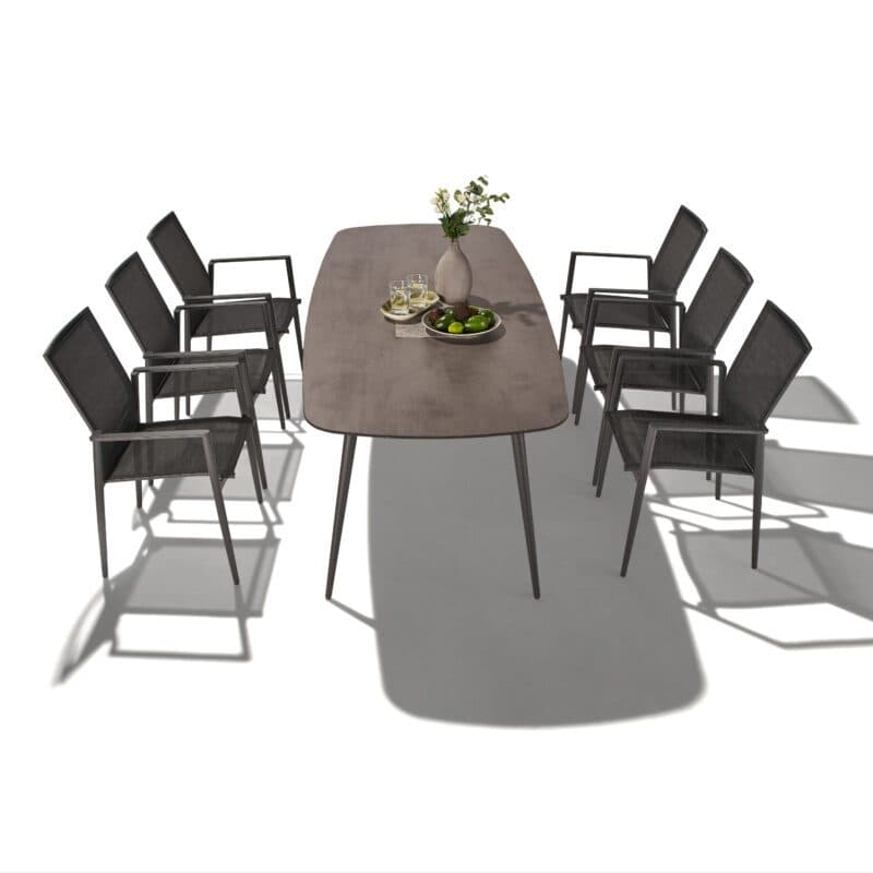 CASA DOMA "Napola" Gartentisch 240x100 cm, Alu anthrazit, Tischplatte HPL chromix anthrazit und Liadomo "Mannoli" Stapelstuhl, Alu anthrazit, Textilgewebe anthrazit, Armlehne Alu
