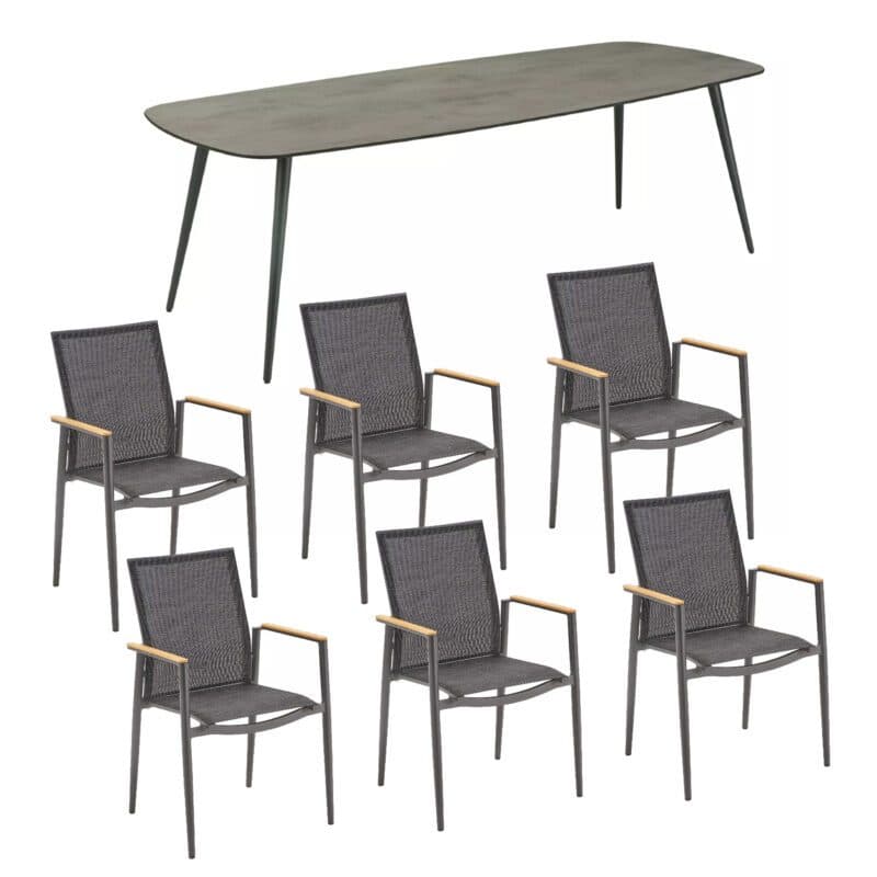 CASA DOMA "Napola" Gartentisch 240x100 cm, Alu anthrazit, Tischplatte HPL chromix anthrazit und Liadomo "Mannoli" Stapelstuhl, Alu anthrazit, Textilgewebe anthrazit, Armlehne Alu