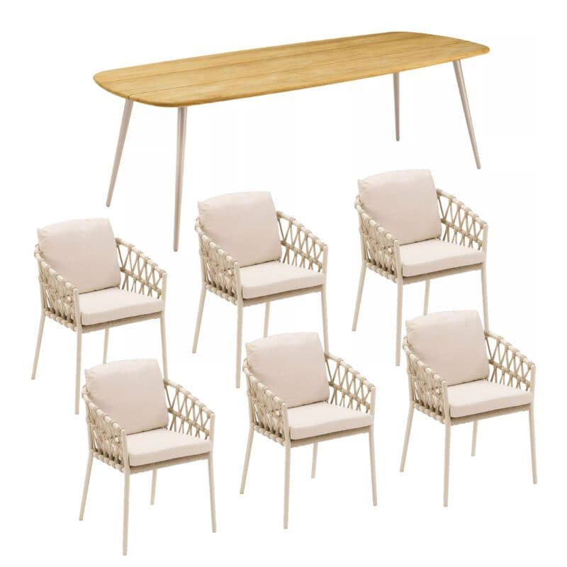 CASA DOMA Set mit "Messina" Diningsessel, Alu cream, Rope fossil und "Napola" Gartentisch 240x100 cm, Alu cream, Tischplatte Teak