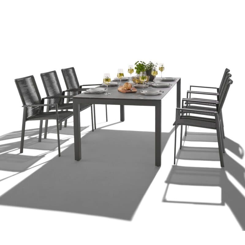 CASA DOMA Ausziehtisch "Amato" 210/270/330x100 cm, Tischplatte HPL Chromix anthrazit, mit Liadomo Stapelstuhl "Limbadi", Alu anthrazit