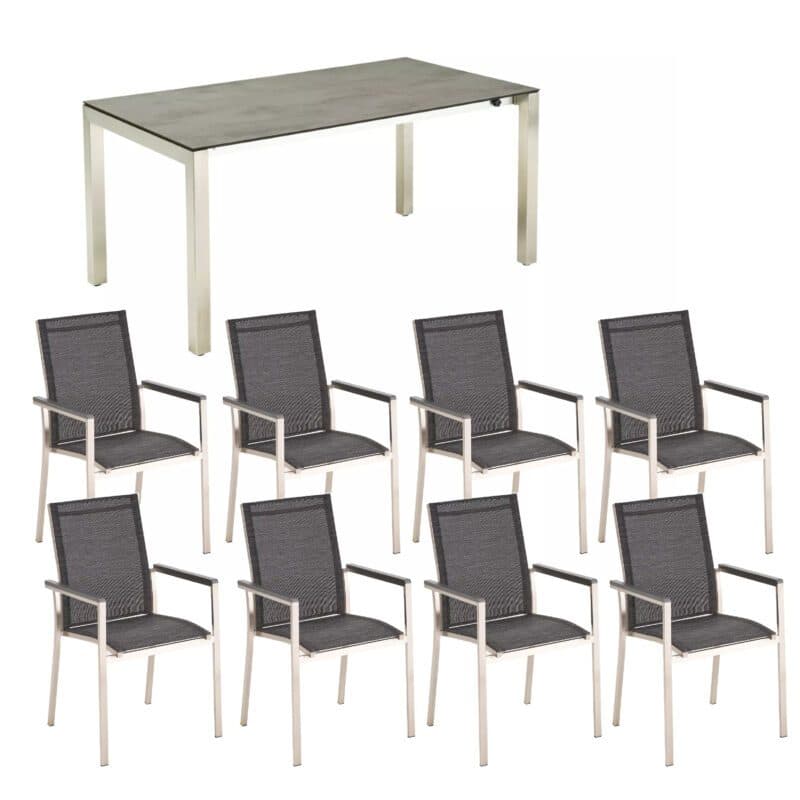 CASA DOMA "Amato" Ausziehtisch mit Liadomo "Motta" Stapelstuhl, Edelstahl gebürstet, Armlehnenauflage Alu anthrazit