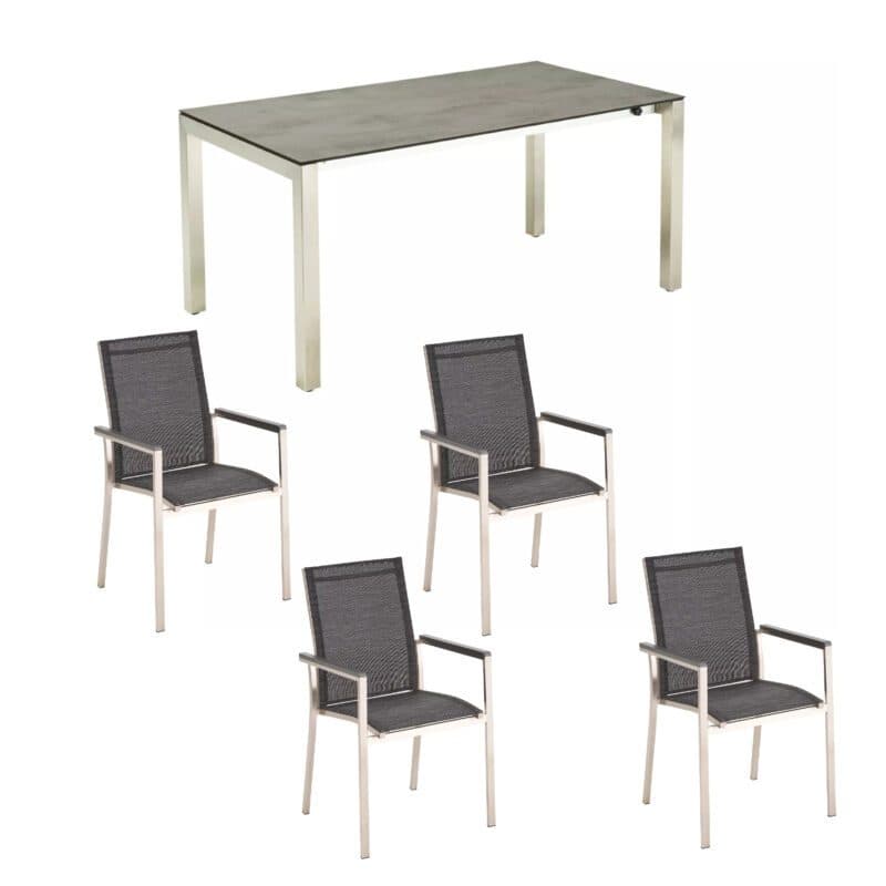 CASA DOMA "Amato" Ausziehtisch mit Liadomo "Motta" Stapelstuhl, Edelstahl gebürstet, Armlehnenauflage Alu anthrazit