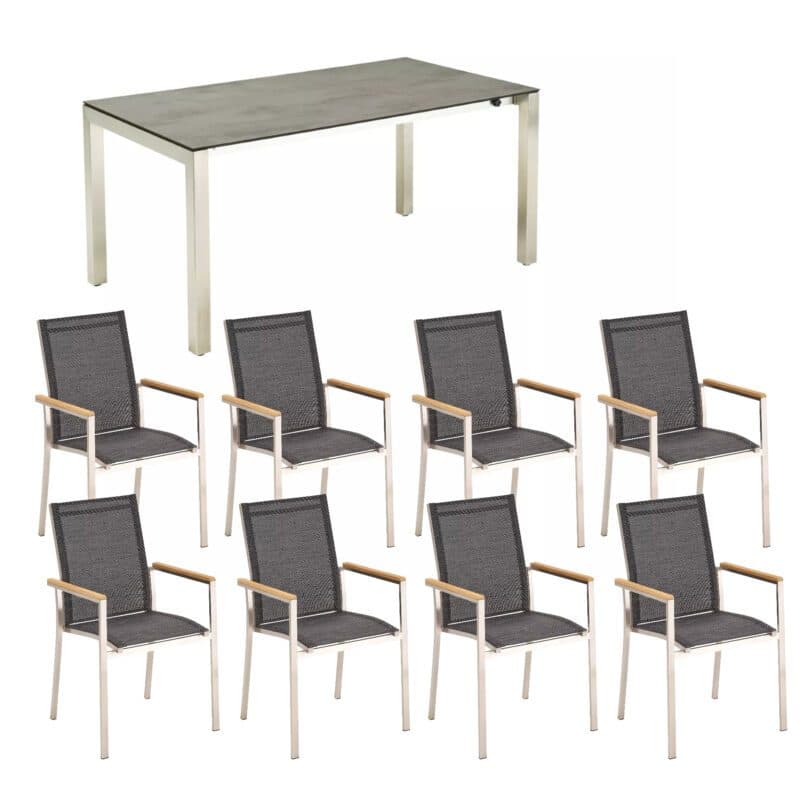 CASA DOMA "Amato" Ausziehtisch mit Liadomo "Motta" Stapelstuhl, Edelstahl gebürstet, Armlehnenauflage Teak