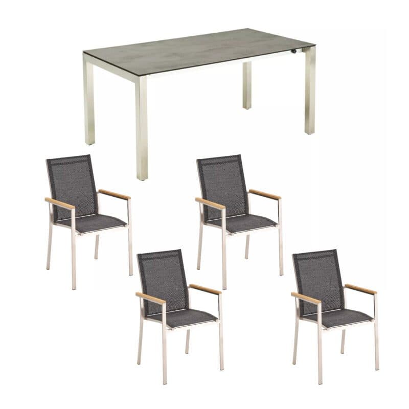 CASA DOMA "Amato" Ausziehtisch mit Liadomo "Motta" Stapelstuhl, Edelstahl gebürstet, Armlehnenauflage Teak