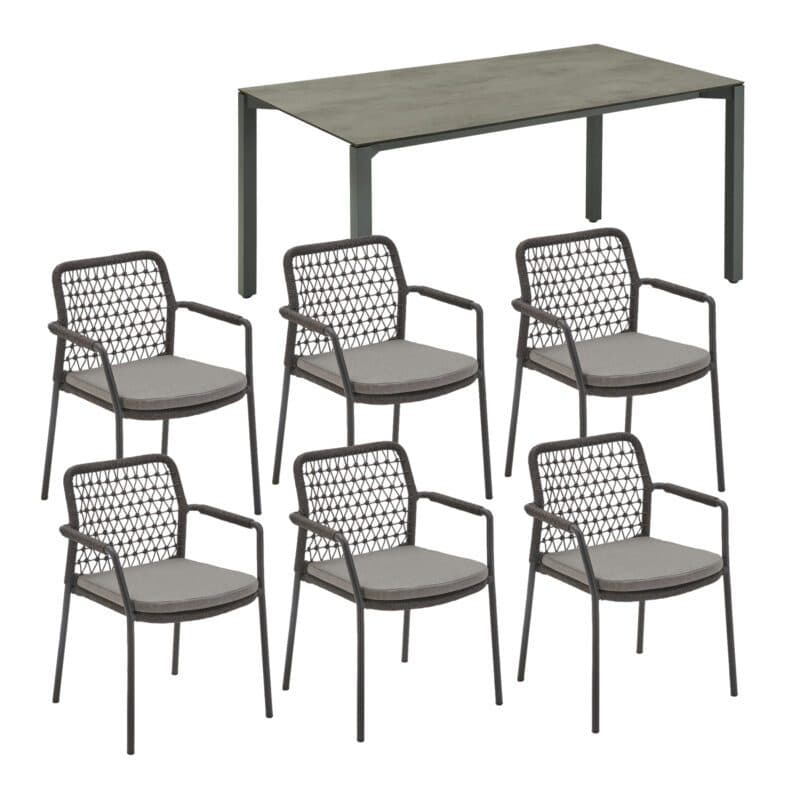 CASA DOMA Set 7-tlg. mit "Fasano" Stapelstuhl, Alu anthrazit, Rope anthrazit (Knoten), Kissen medium grey, und "Campana" Gartentisch 210×100 cm, Edelstahl anthrazit, HPL Chromix anthrazit